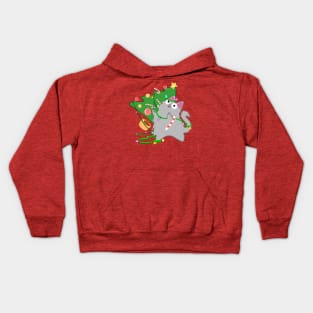 Fluffy Grey Christmas Cat With Zoomies funny meowy christmas kitty Kids Hoodie